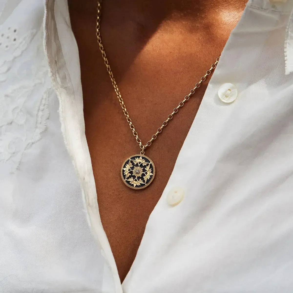 Diamond and Black Enamel Flower Coin Pendant