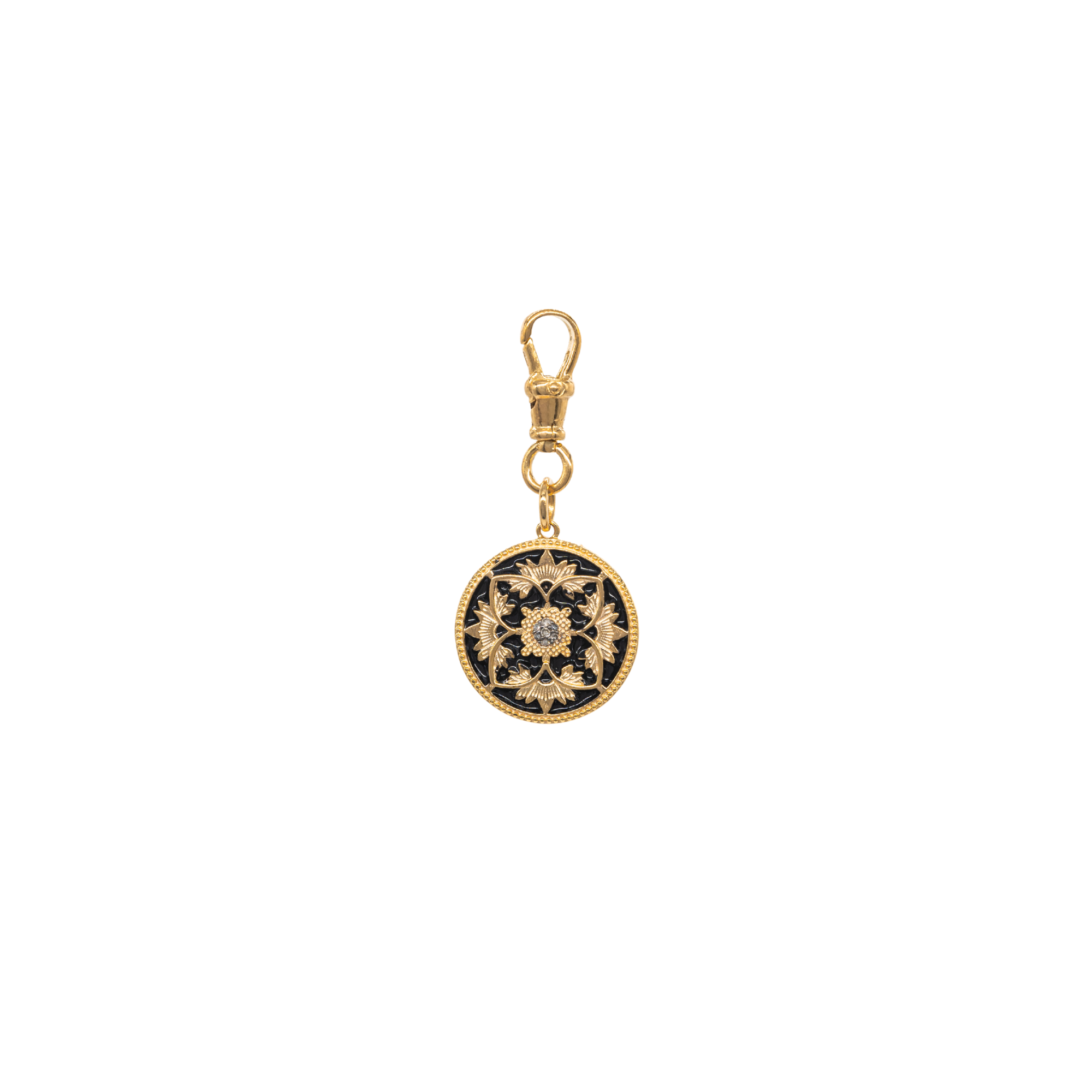 Diamond and Black Enamel Flower Coin Pendant